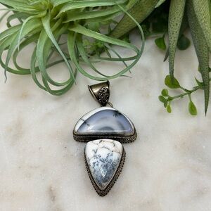 Dendritic Opal Sterling Silver Plated Pendant Black White Agate